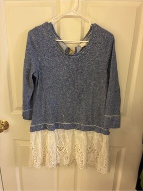 A'Reve Blue Knit Tunic with White Lace Hem